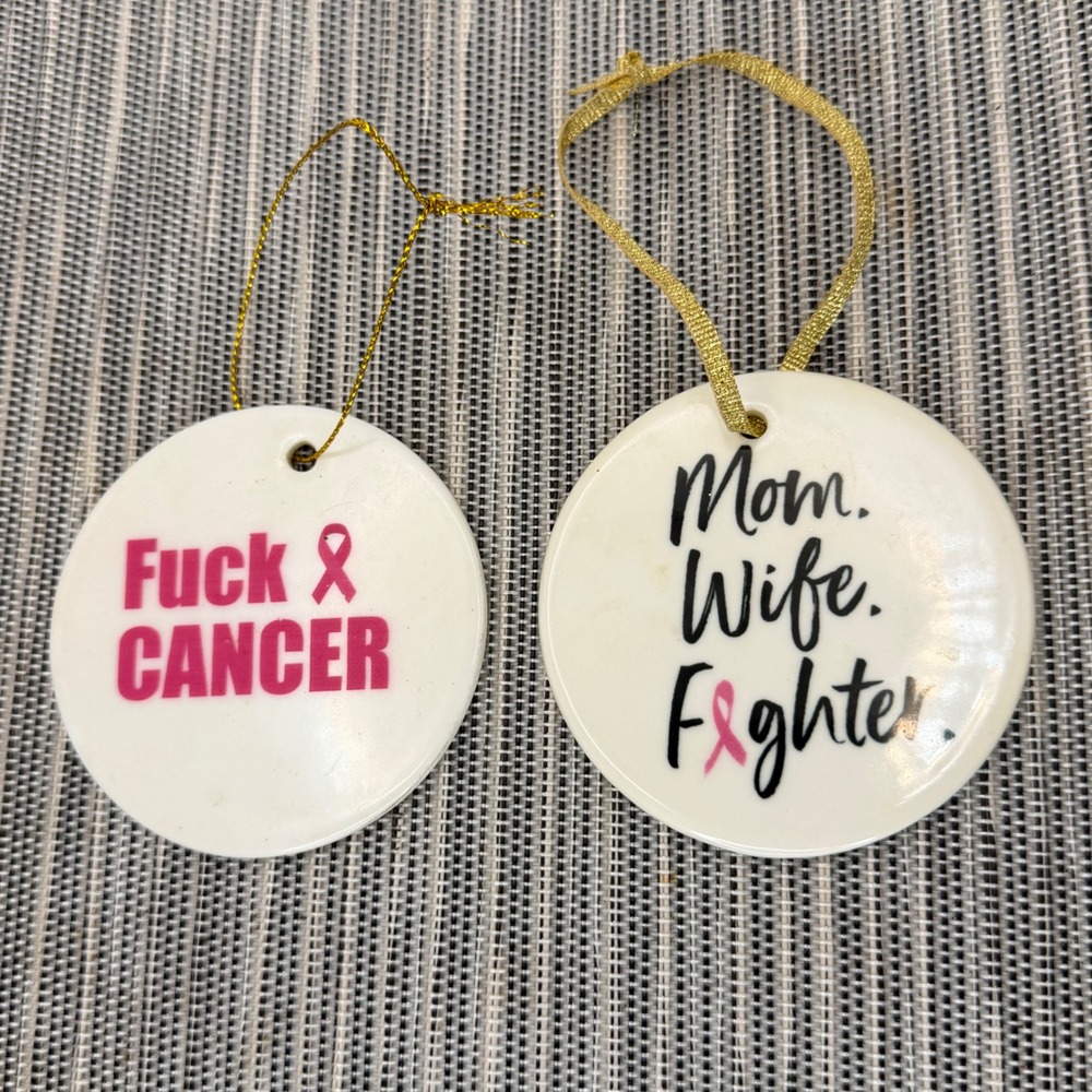 Breast Cancer Awareness Ceramic Ornaments Set 2 Pink Ribbon Mom Wife Fighter